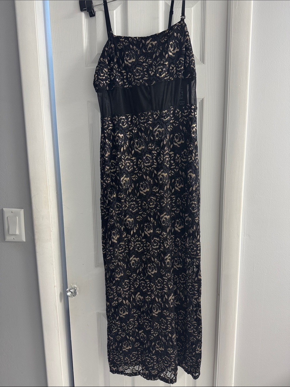 Black Lace Maxi Dress with Goldish/Nude Lining and Adjustable Straps